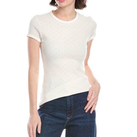 Enza Costa Scallop Edge Pointelle Cap Sleeve Tee Top Cloud White Size Small - Picture 1 of 3